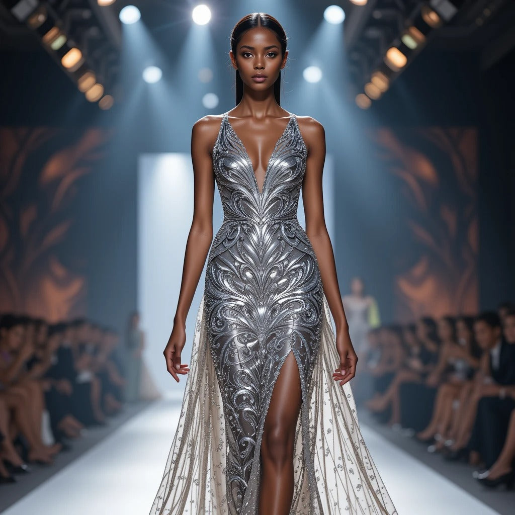 Metallics reign supreme when evening elegance demands a touch of shimmer and sophistication. The Theme Metallic Chic kit is an exclusive collection of 100 AI-generated design prompts, meticulously curated for designers orchestrating runway presentations of tuxedos, ballroom gowns, and evening wear perfect for occasions like wine tasting, fine dining, and opera nights.