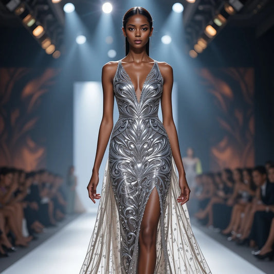 Metallics reign supreme when evening elegance demands a touch of shimmer and sophistication. The Theme Metallic Chic kit is an exclusive collection of 100 AI-generated design prompts, meticulously curated for designers orchestrating runway presentations of tuxedos, ballroom gowns, and evening wear perfect for occasions like wine tasting, fine dining, and opera nights.