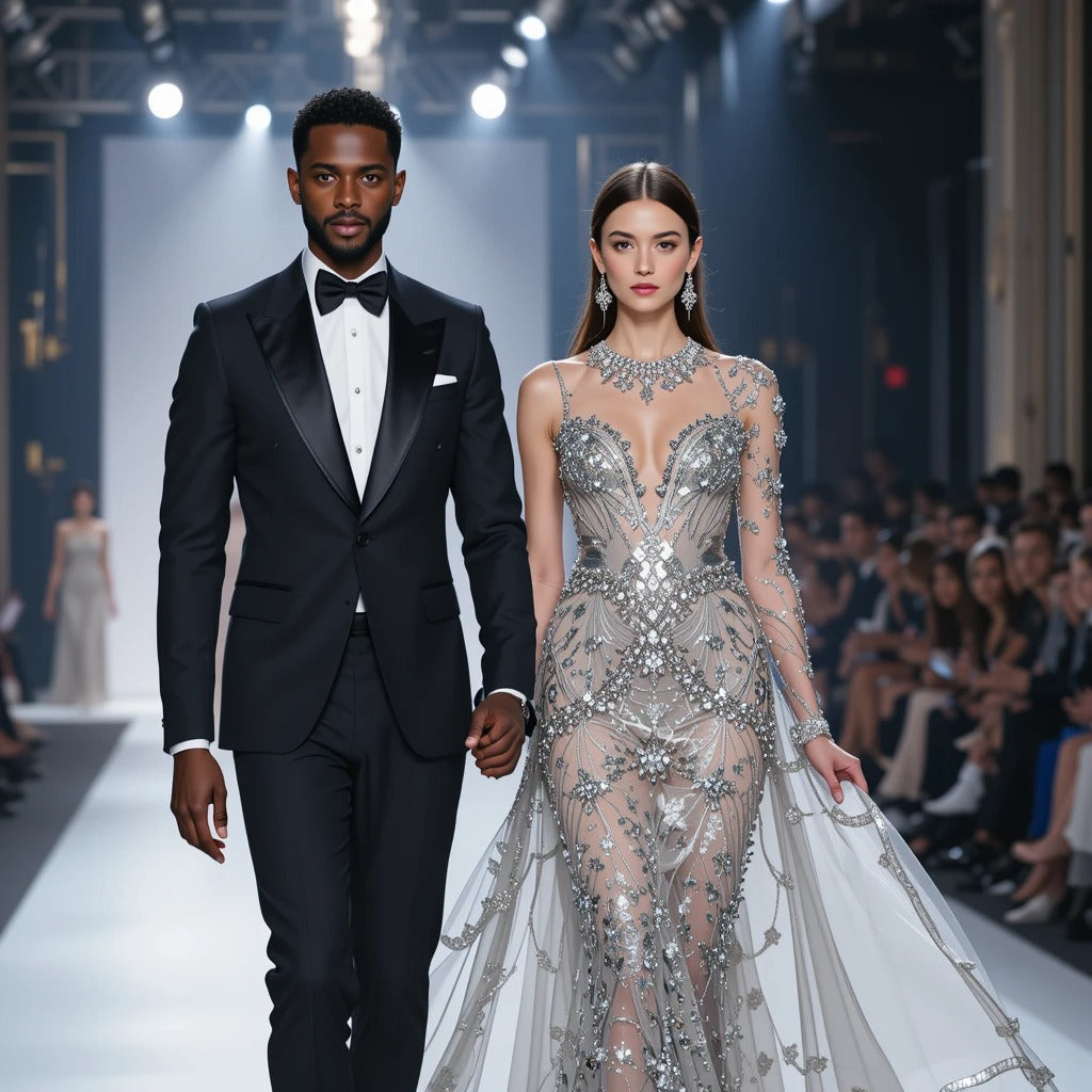 Metallics reign supreme when evening elegance demands a touch of shimmer and sophistication. The Theme Metallic Chic kit is an exclusive collection of 100 AI-generated design prompts, meticulously curated for designers orchestrating runway presentations of tuxedos, ballroom gowns, and evening wear perfect for occasions like wine tasting, fine dining, and opera nights.